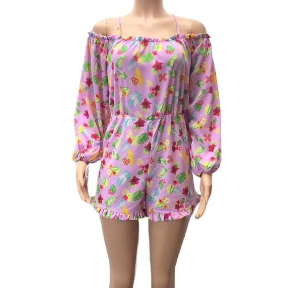 Romeo & Juliet Couture Pink Floral Long Sleeve Cold Shoulder Romper - Picture 4 of 12